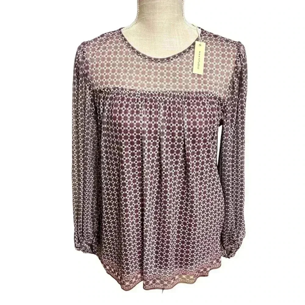 Women’s Max Studio Mesh Blouse Shirt•NWT•Size S•Rust,Yellow,Cream and Gr…